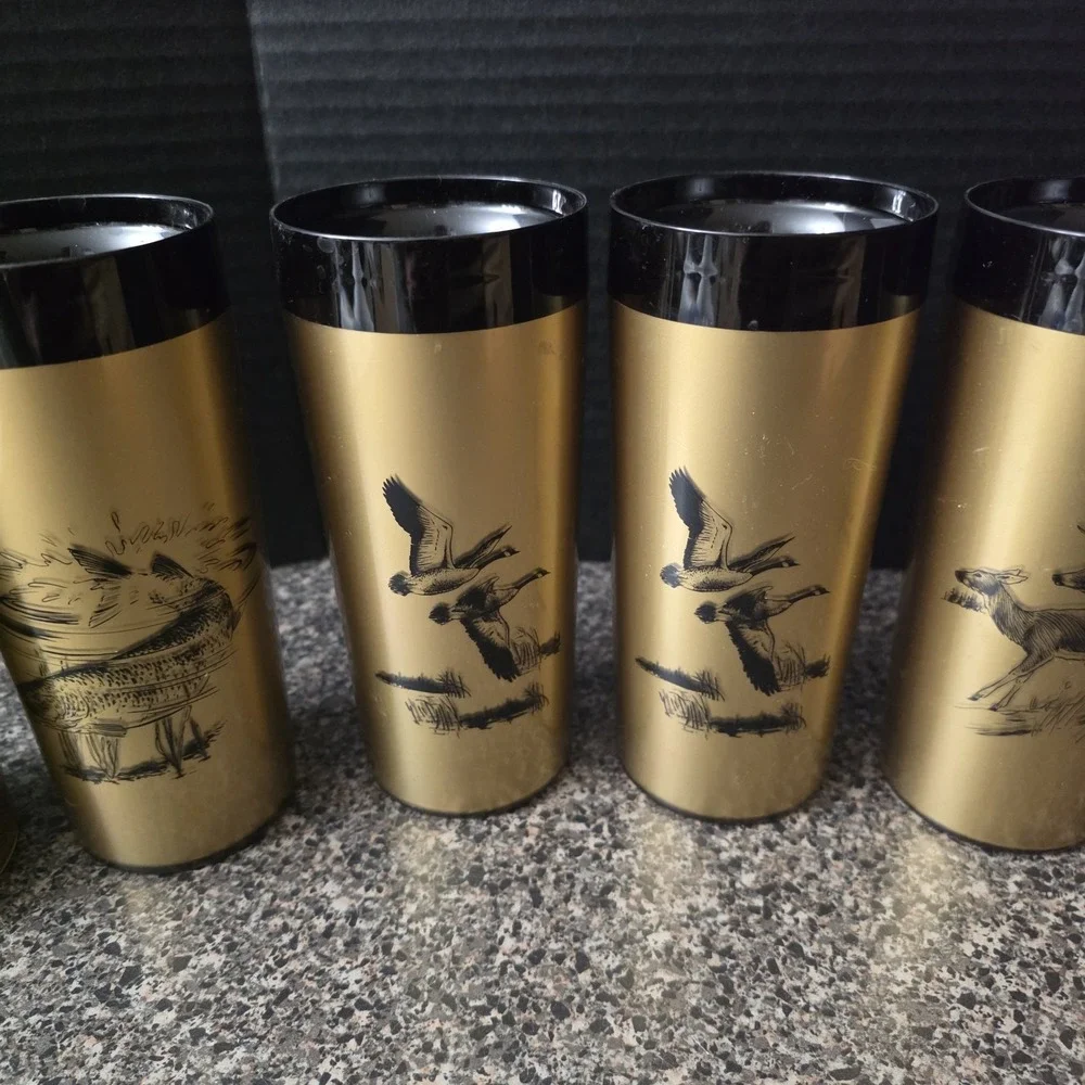 Vintage MCM NFC Gold Black Wildlife Insulated Tumblers Set‎ of 6 Made in USA